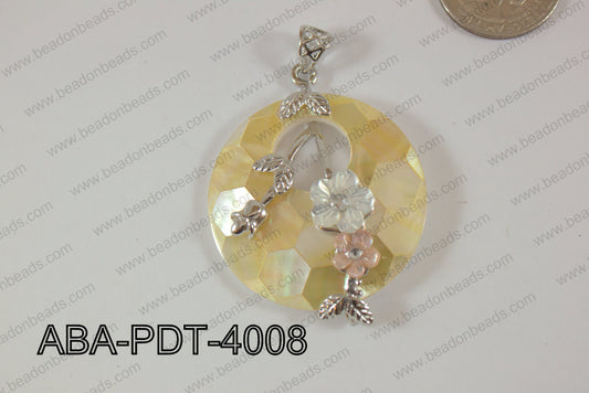Abalone Pendant Yellow Lip Coin with flower 40mm ABA-PDT-4008
