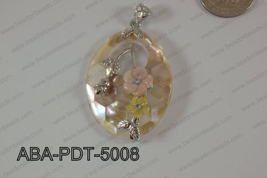 Abalone Pendant Pink Lip Oval with flower 35x50mm ABA-PDT-5008