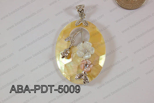 Abalone Pendant Yellow Lip Oval with flower 35x50mm ABA-PDT-5009