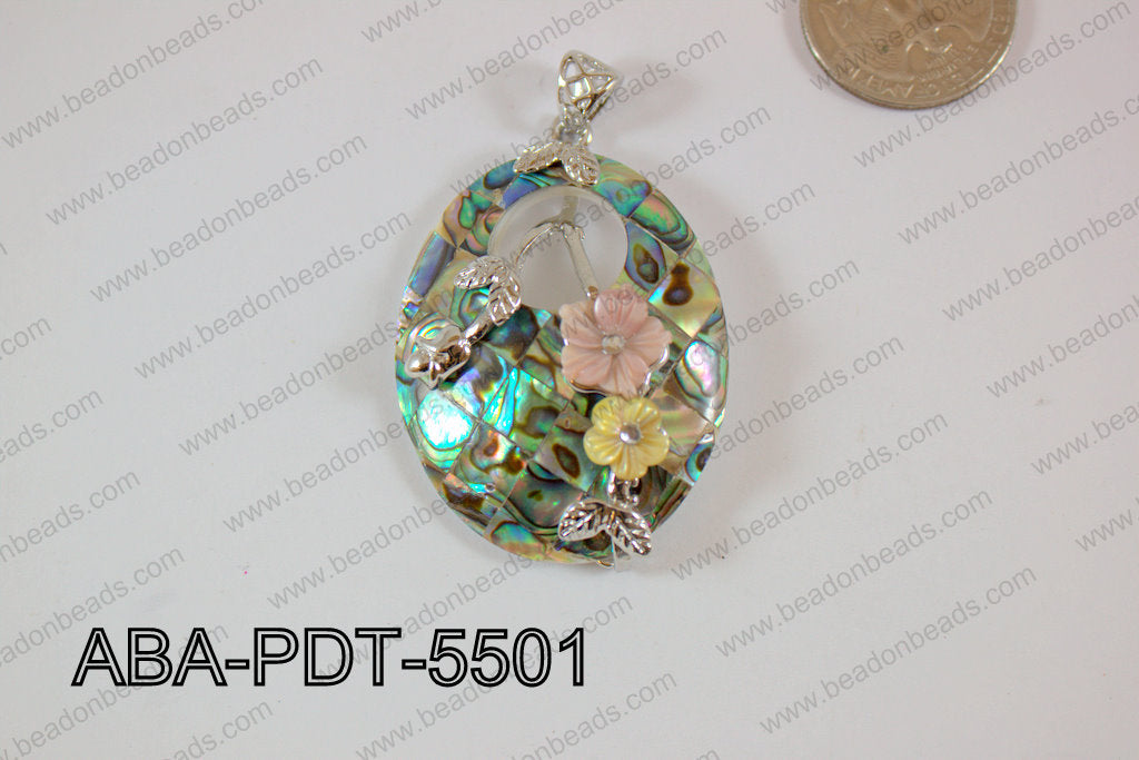 Abalone Pendant Oval with flowers 35x55mm ABA-PDT-5501