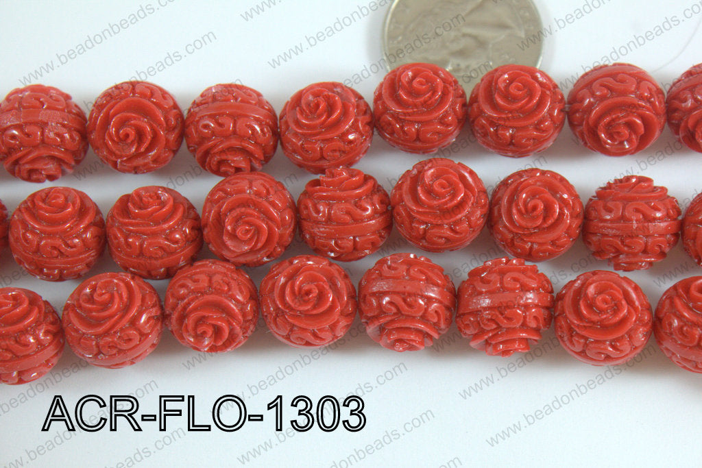 Acrylic Flower carved Round 11mm Red ACR-FLO-1303