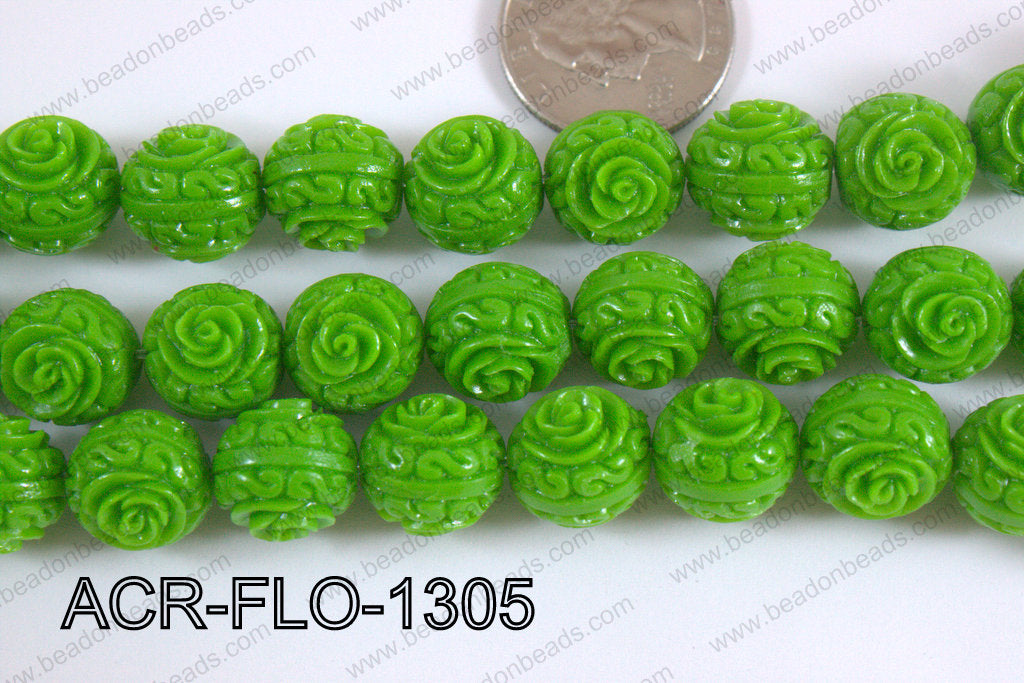 Acrylic Flower carved Round 11mm green ACR-FLO-1305