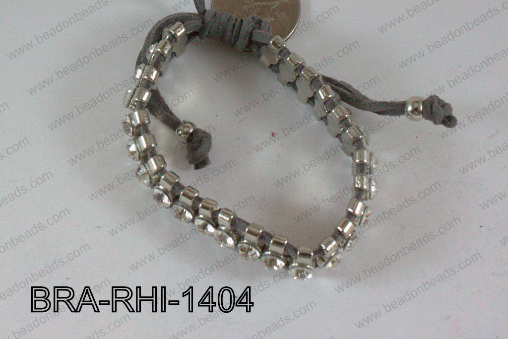 Rhinestone Bracelet with Grey Cord 14mm BRA-RHI-1404