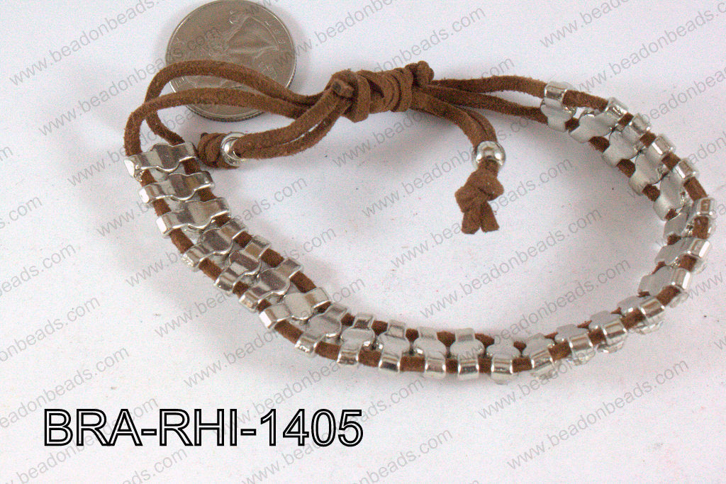 Rhinestone Bracelet with Brown Cord 14mm BRA-RHI-1405