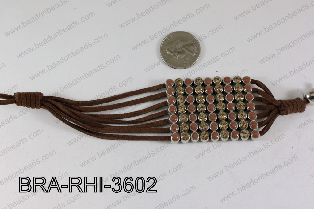 Rhinestone Bracelet Chamagne/Brown with Brown Cord 36mm BRA-RHI-