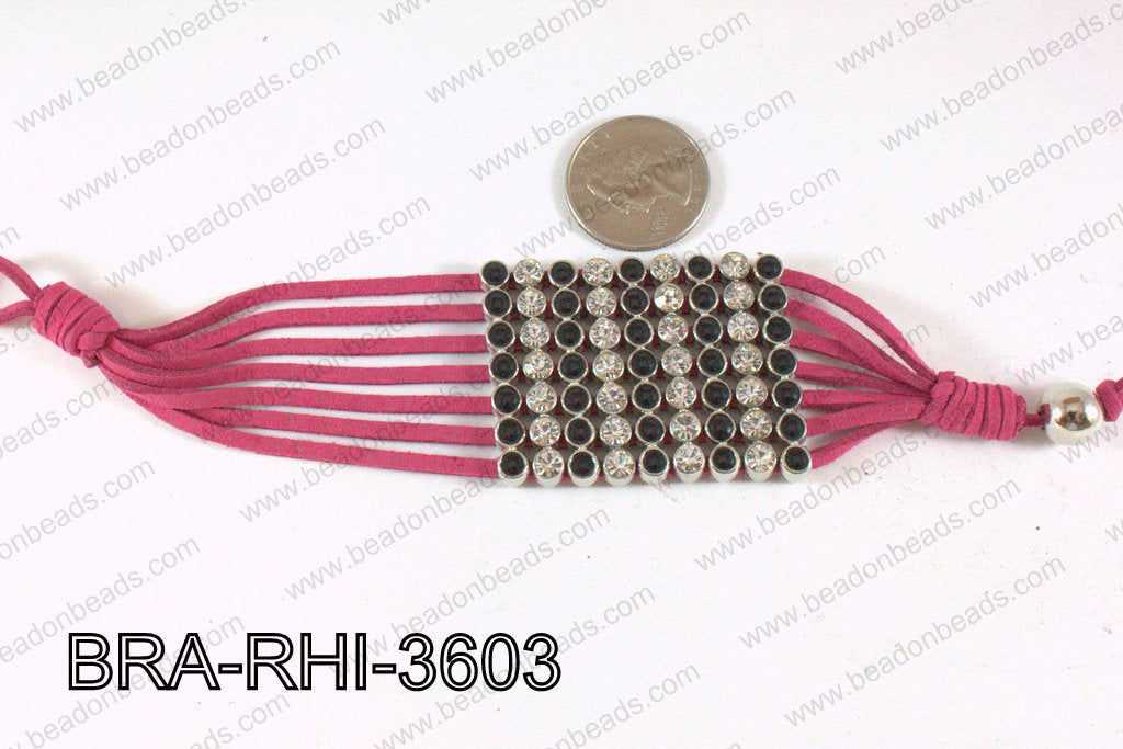Rhinestone Bracelet Clear/Black with Hot Pink Cord 36mm BRA-RHI-