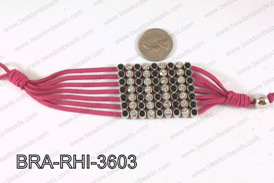Rhinestone Bracelet Clear/Black with Hot Pink Cord 36mm BRA-RHI-