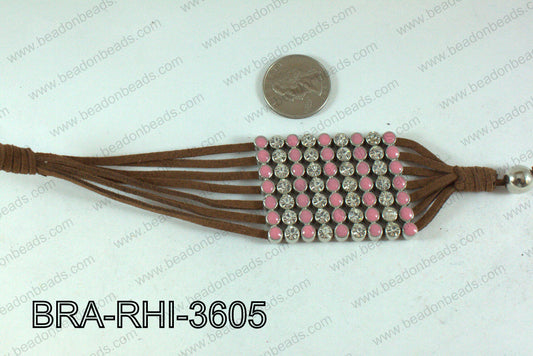 Rhinestone Bracelet Pink/Clear with Brown Cord 36mm BRA-RHI-3605