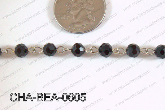 Decorative Silver Chain with 6mm Round Black Faceted Crystal CHA