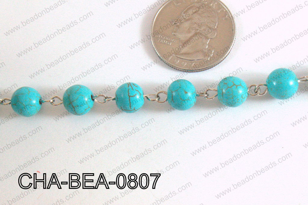 Decorative Silver Chain with 8mm Round Turquoise Howlite CHA-BEA