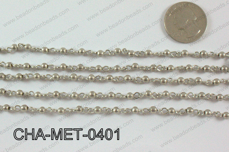 Anti Silver Metal Round Beads with Silver Chain 4mm CHA-MET-0401