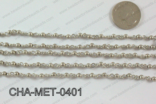 Anti Silver Metal Round Beads with Silver Chain 4mm CHA-MET-0401