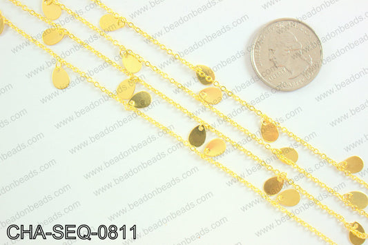 Dangle teardrop sequin chain 8x5mm, gold CHA-SEQ-0811