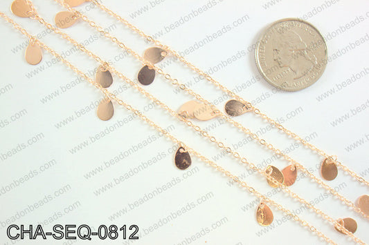 Dangle teardrop sequin chain 8x5mm, rose gold CHA-SEQ-0812