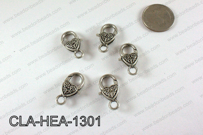 Designed Heart Lobster Clasp, Silver 13x26mm CLA-HEA-1301