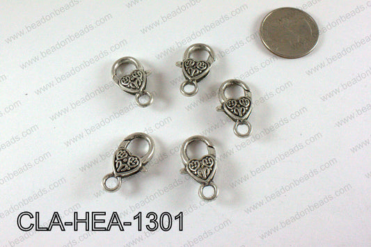 Designed Heart Lobster Clasp, Silver 13x26mm CLA-HEA-1301
