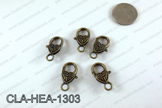 Designed Heart Lobster Clasp, Brass 13x26mm CLA-HEA-1303