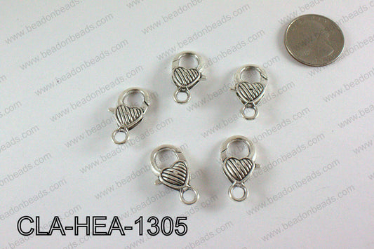 Striped Heart Lobster Clasp, Silver 13x26mm CLA-HEA-1305