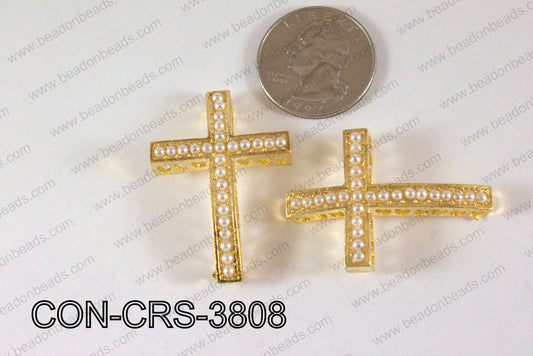 Sideway Cross Connector Gold with White Pearl 28x38mm CON-CRS-38