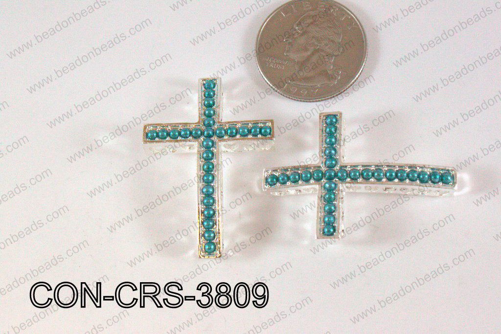 Sideway Cross Connector Sliver with Teal Pearl 28x38mm CON-CRS-3