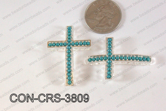 Sideway Cross Connector Sliver with Teal Pearl 28x38mm CON-CRS-3