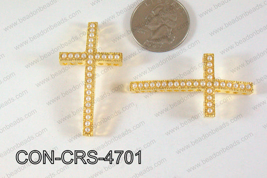 Sideway Cross Connector Gold with White Pearl 24x47mm CON-CRS-47