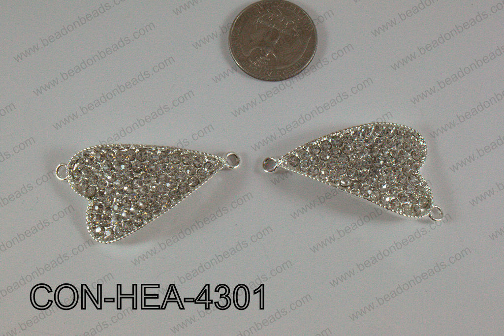 Connector with rhinestones Heart light silver 25x43mm CON-HEA-43