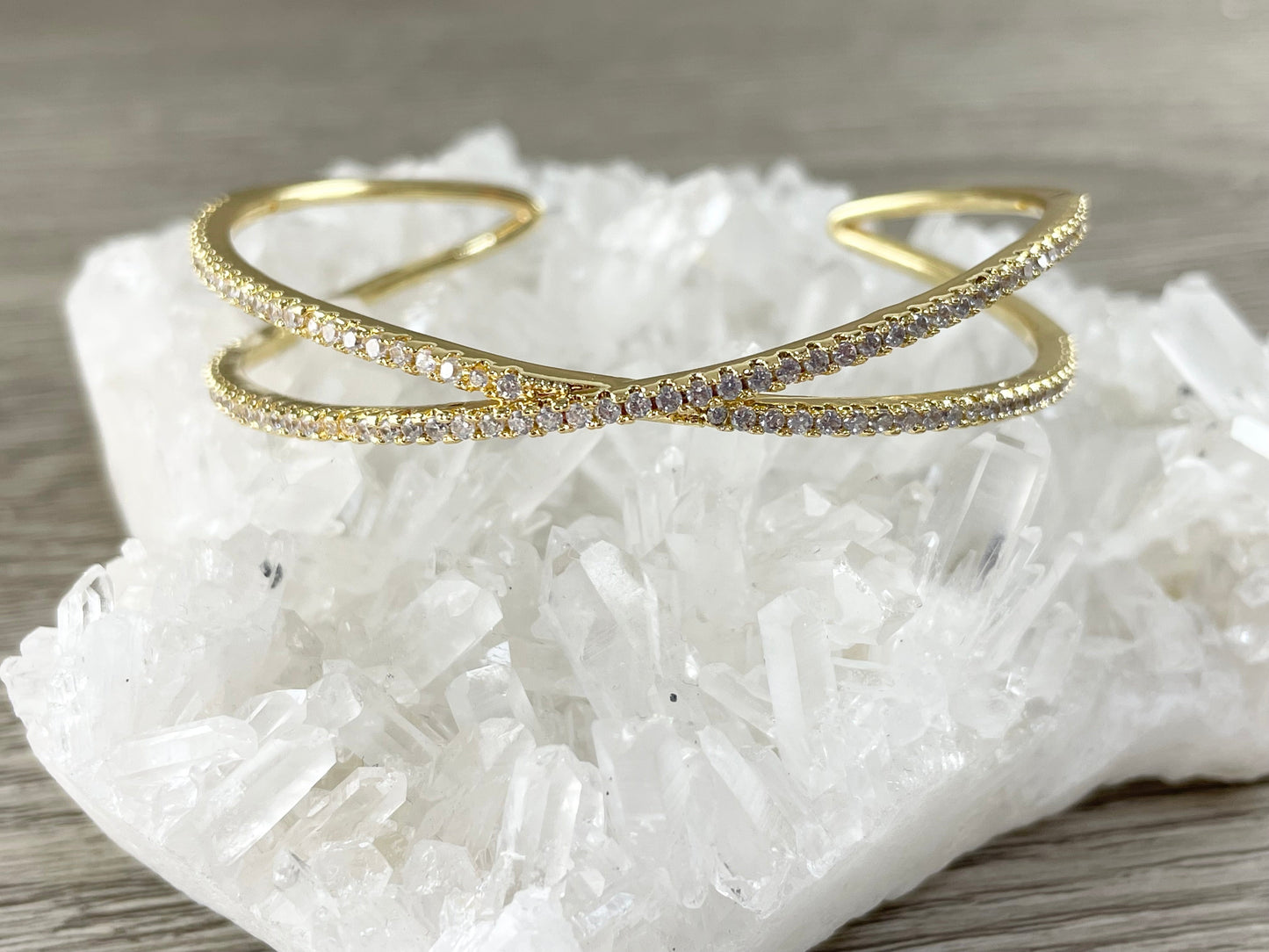 Real Gold 18K Plated Copper CZ Pave Criss Cross Shiny Adjustable Bracelet Cuff