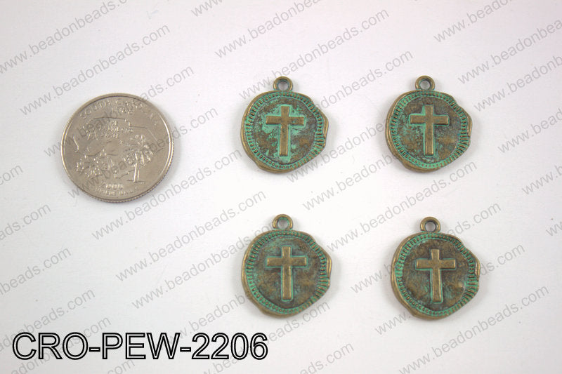 Coin cross charm 22x19mm, turquoise patina CRO-PEW-2206