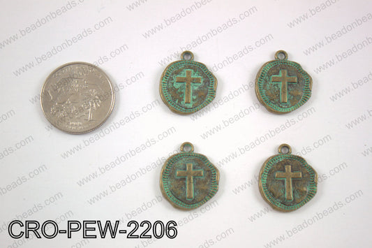 Coin cross charm 22x19mm, turquoise patina CRO-PEW-2206