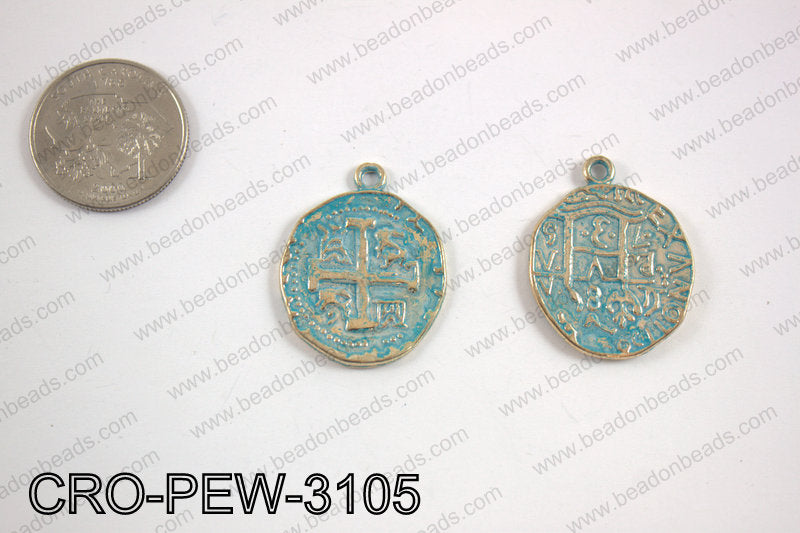 Coin cross pendant 31x25mm, turquoise patina CRO-PEW-3105