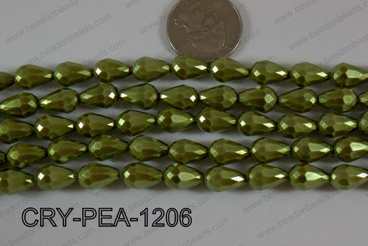 Teardrop Crystal with Pearl Coating Faceted Green 8x12mm CRY-PEA