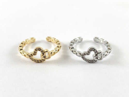 Real 18K Gold and Platinum Plated CZ Pave Adjustable Hearts Ring 4pcs