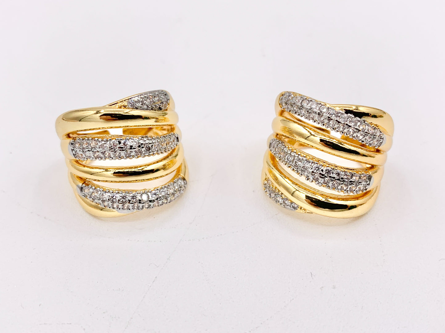 2 Tone Thick Wrap Adjustable Ring in Real Gold/Platinum 18K Plated Copper CZ Pave Size 7-7.5 | 3PCS