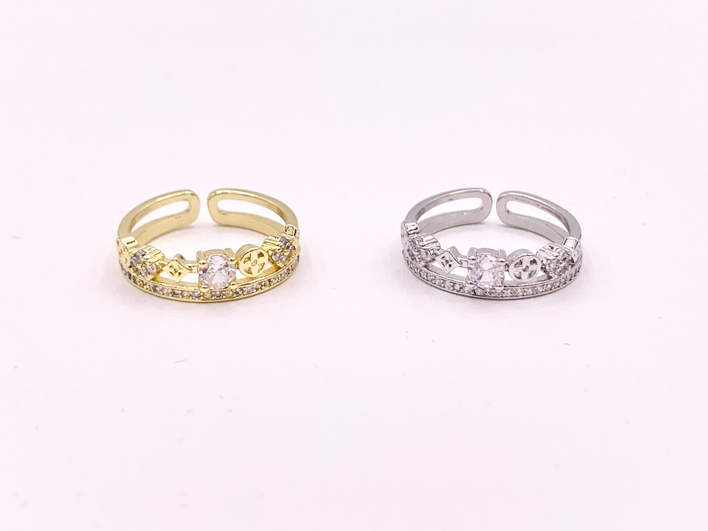 Double Stack Geometric Vintage CZ Pave Style Rings in 18K Gold or Silver Plated Copper 4 pcs