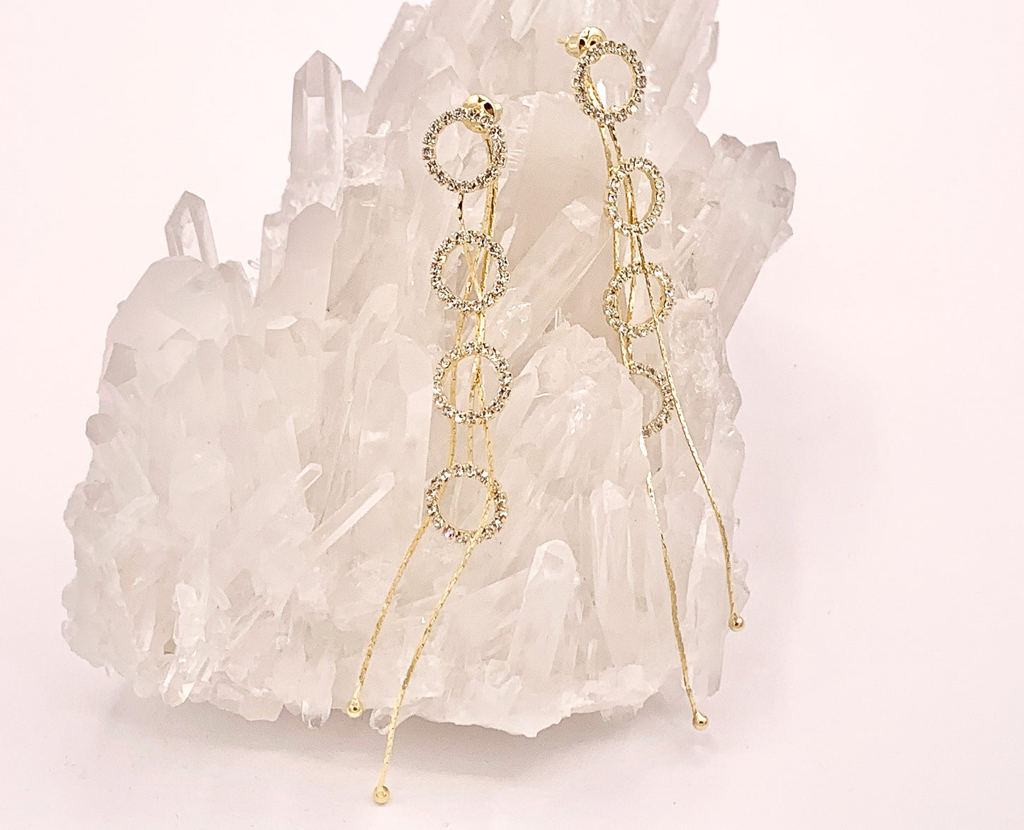 Long Delicate Circle CZ Pave Tassel Earrings in 18K Gold or Silver plated over Copper 1 pair