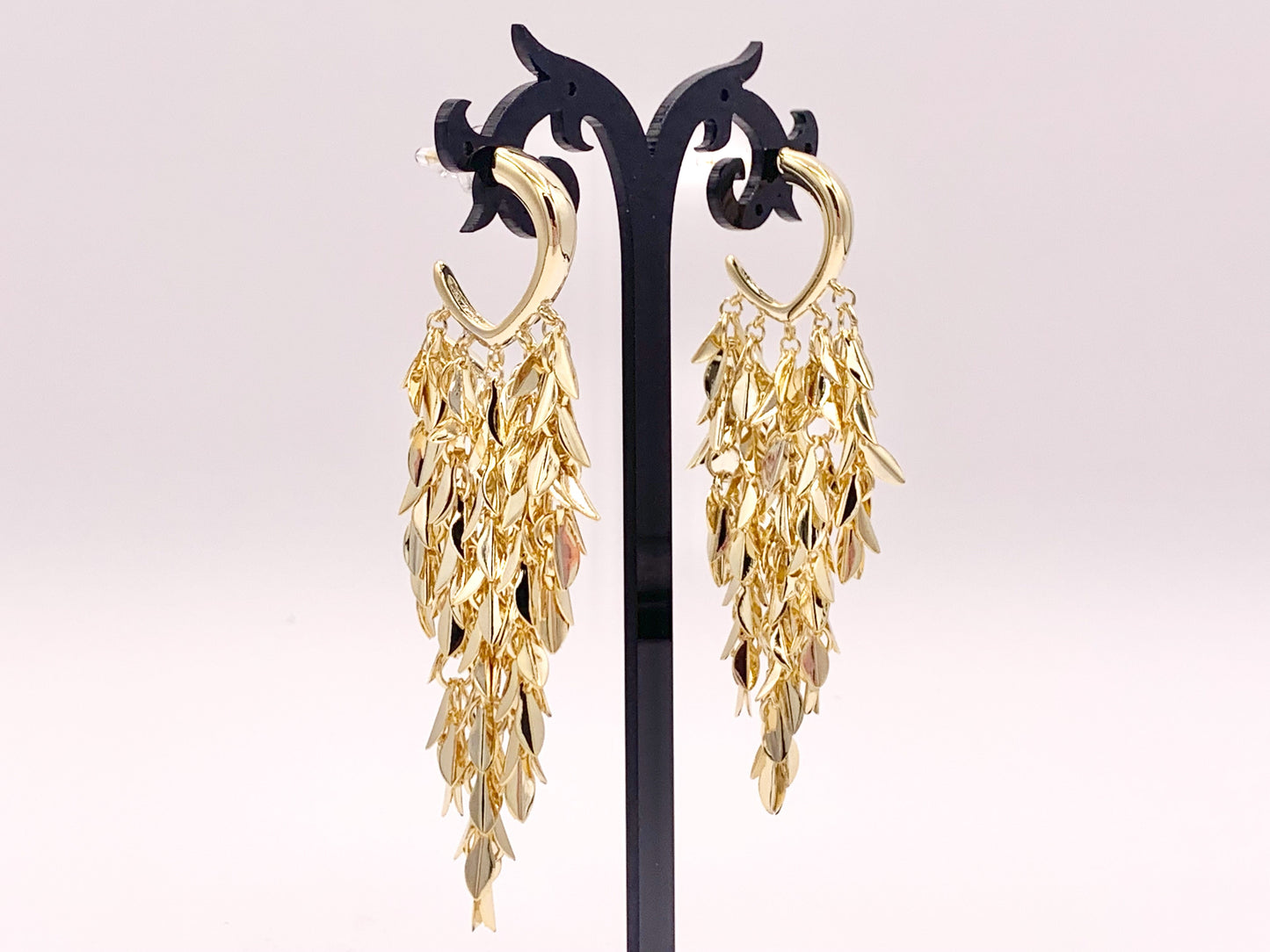 Glamorous Feather Leaf Tassel Fringe Earrings in 18K gold plated Copper 1 pair