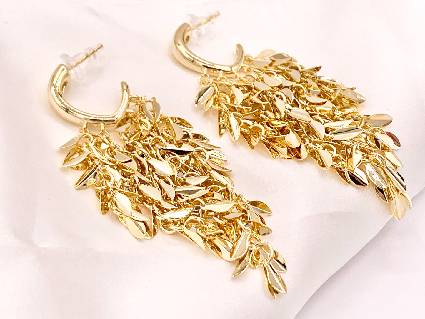 Glamorous Feather Leaf Tassel Fringe Earrings in 18K gold plated Copper 1 pair