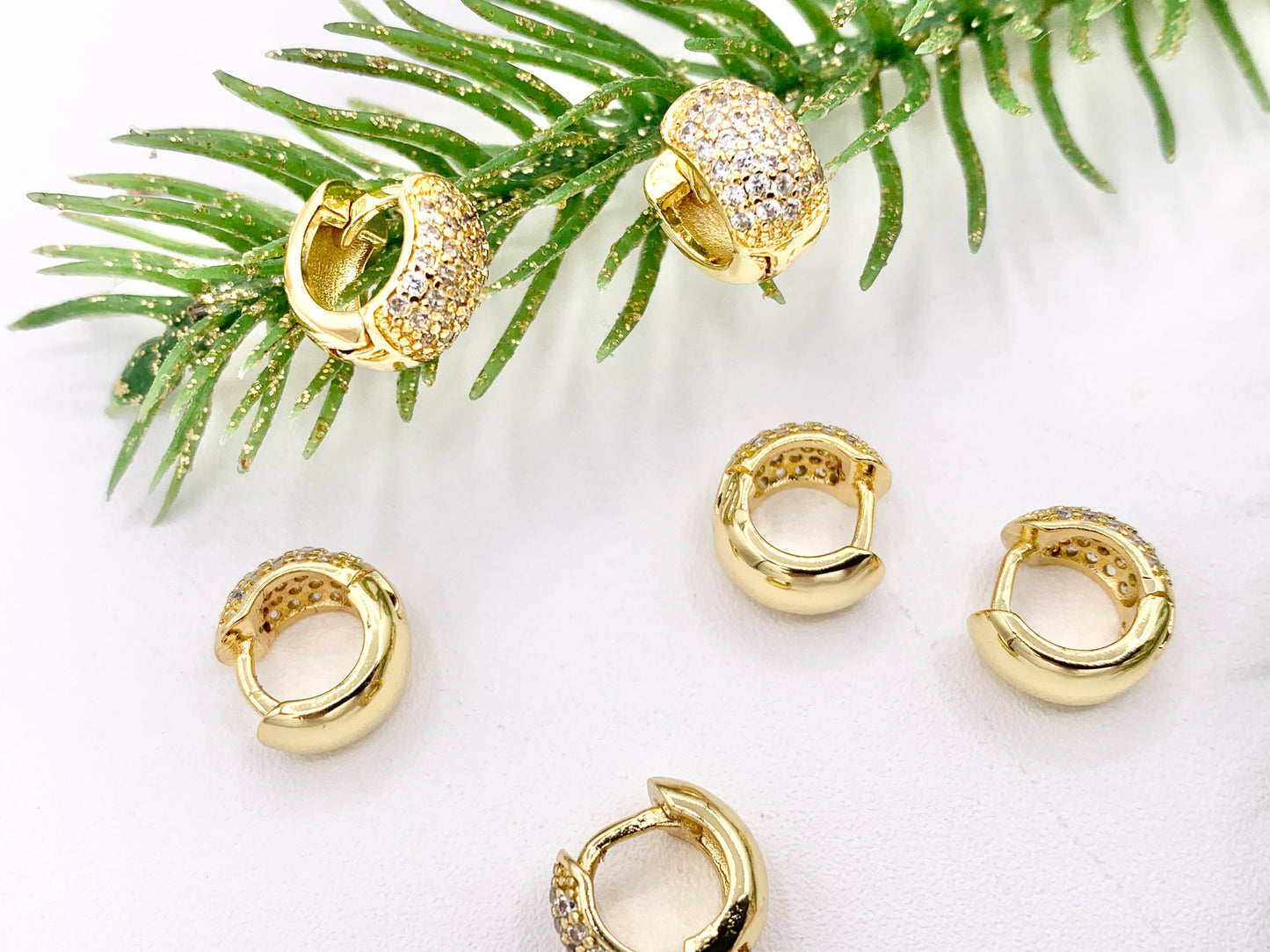 Cute Puffy Earring Hoop Huggies in CZ Pave Real Gold 18K Over Copper 5 PAIRS