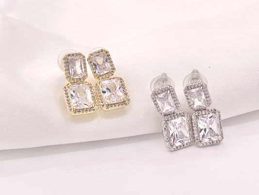 Emerald Cut Cushion Cut Dazzling Rhinestone Fancy CZ Pave Rectangle Earrings in 18K gold or Silver Plated Copper 3 pairs