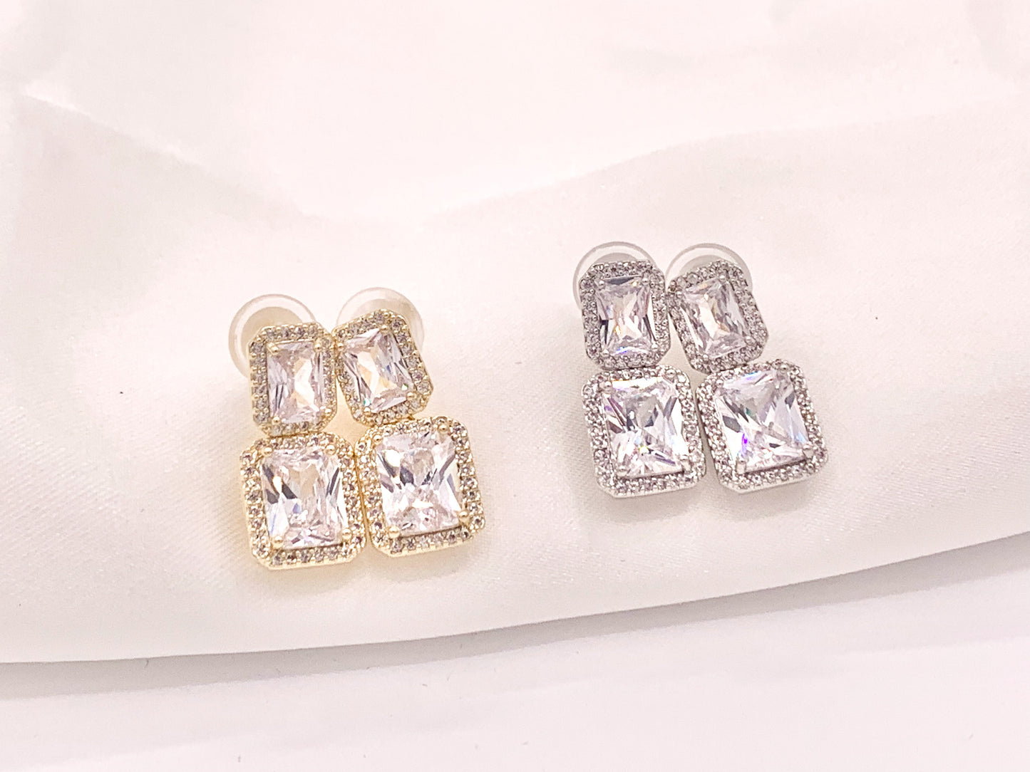 Emerald Cut Cushion Cut Dazzling Rhinestone Fancy CZ Pave Rectangle Earrings in 18K gold or Silver Plated Copper 3 pairs