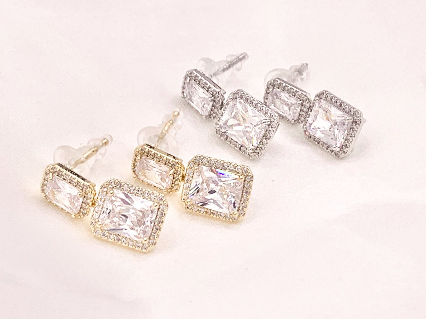 Emerald Cut Cushion Cut Dazzling Rhinestone Fancy CZ Pave Rectangle Earrings in 18K gold or Silver Plated Copper 3 pairs