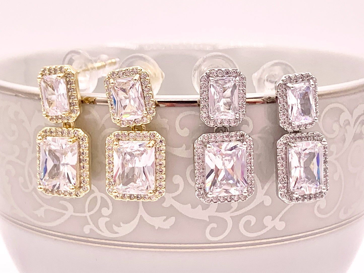 Emerald Cut Cushion Cut Dazzling Rhinestone Fancy CZ Pave Rectangle Earrings in 18K gold or Silver Plated Copper 3 pairs