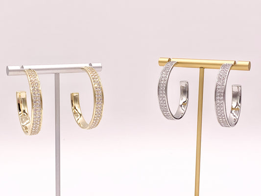 Large Rhinestone Thick CZ Pave Hoop Earrings in 18K gold or Silver Plated Copper 2 pairs