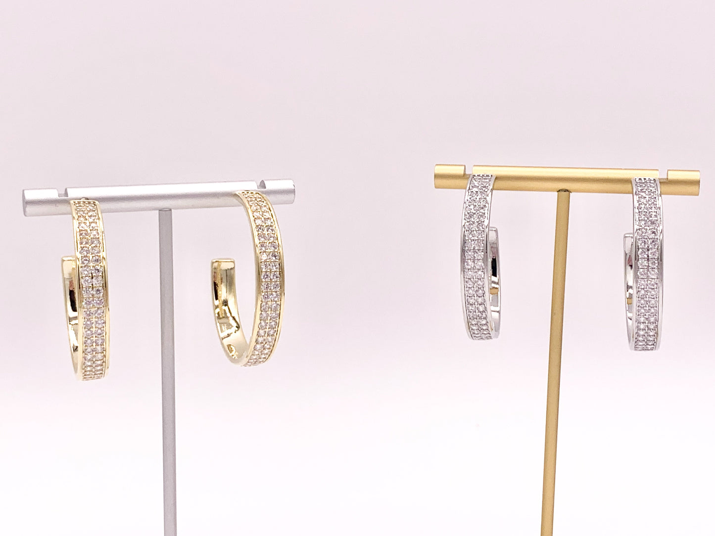 Large Rhinestone Thick CZ Pave Hoop Earrings in 18K gold or Silver Plated Copper 2 pairs