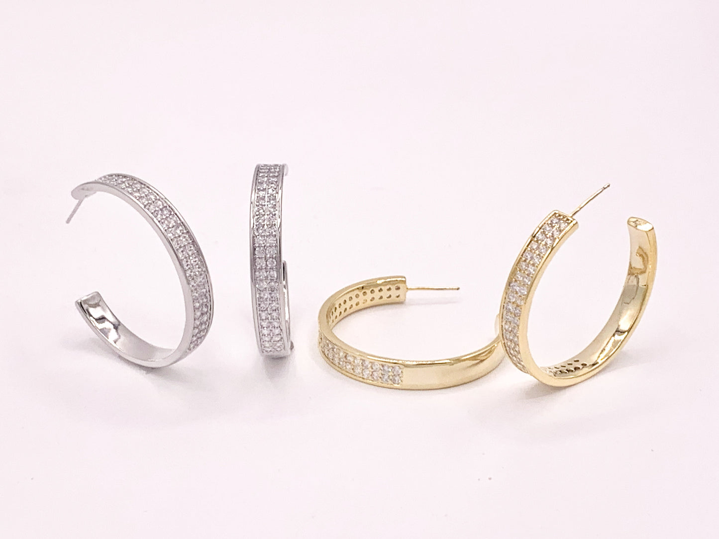 Large Rhinestone Thick CZ Pave Hoop Earrings in 18K gold or Silver Plated Copper 2 pairs