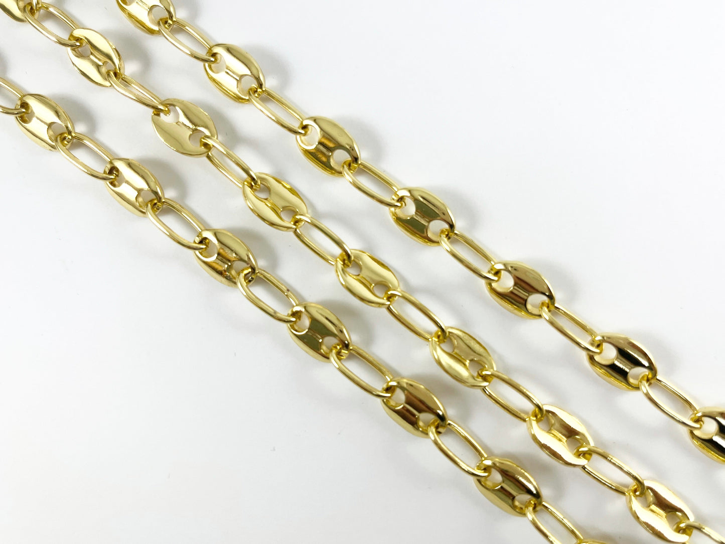 18K Gold Plated Brass Puffy Mariner Button Chain Coffee Bean Chain Anchor Link Chain for Necklace and Bracelet Making