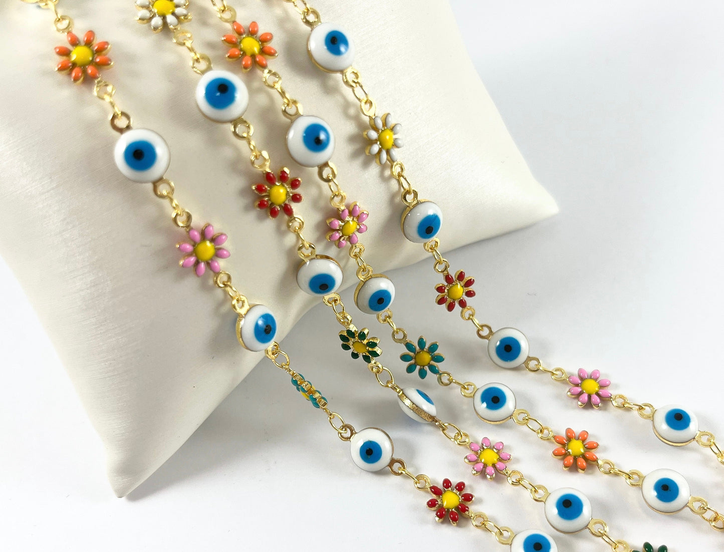 18K Gold Plated Enamel Plated Copper Multicolor Daisy Flower with Evil Eye Chain