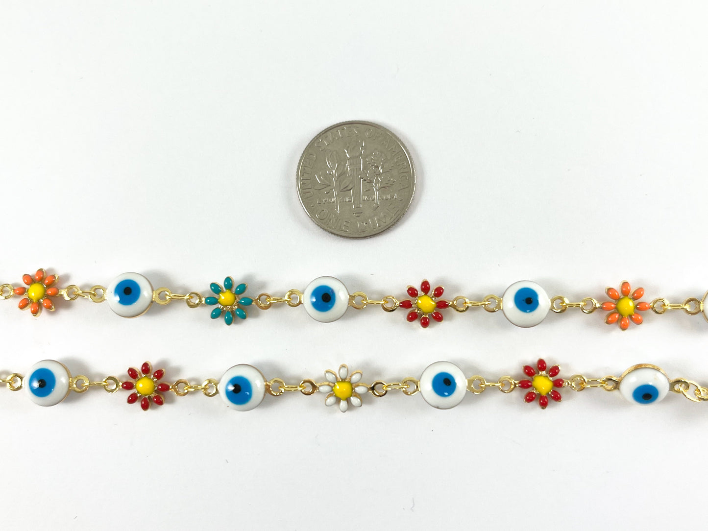 18K Gold Plated Enamel Plated Copper Multicolor Daisy Flower with Evil Eye Chain
