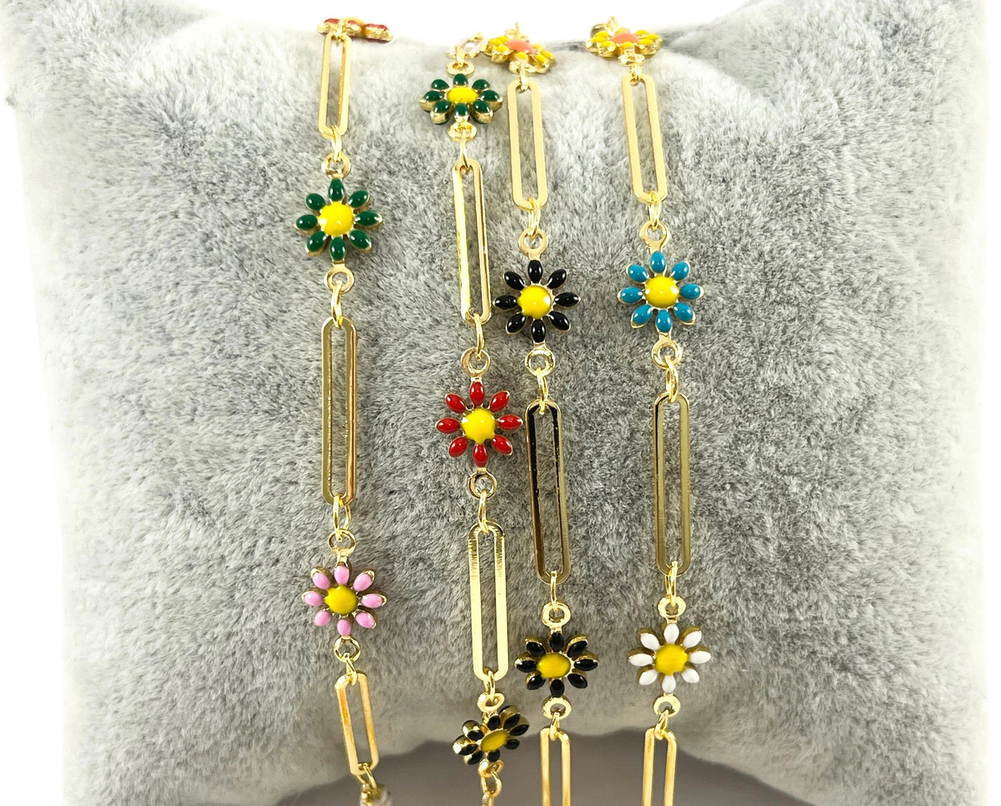18K Gold Plated Enamel Plated Copper Multicolor Daisy Flower with Paperclip Chain